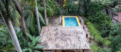 Una pequeña casa con techo de bambú, rodeada de exuberante vegetación y una piscina.