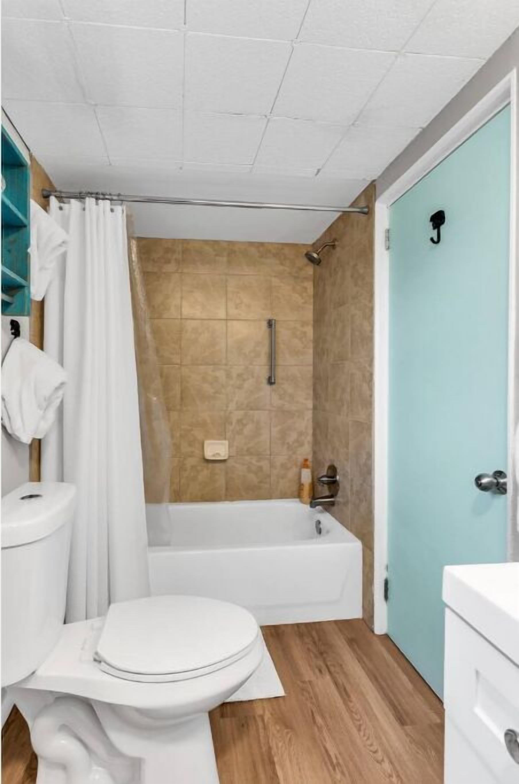 Hair dryer, towels, soap, shampoo