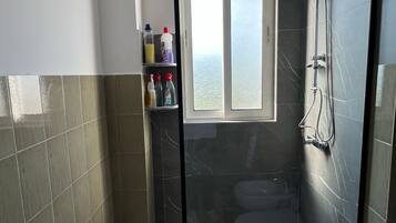 Hair dryer, bidet, towels, soap