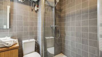 Shower, hair dryer, shampoo