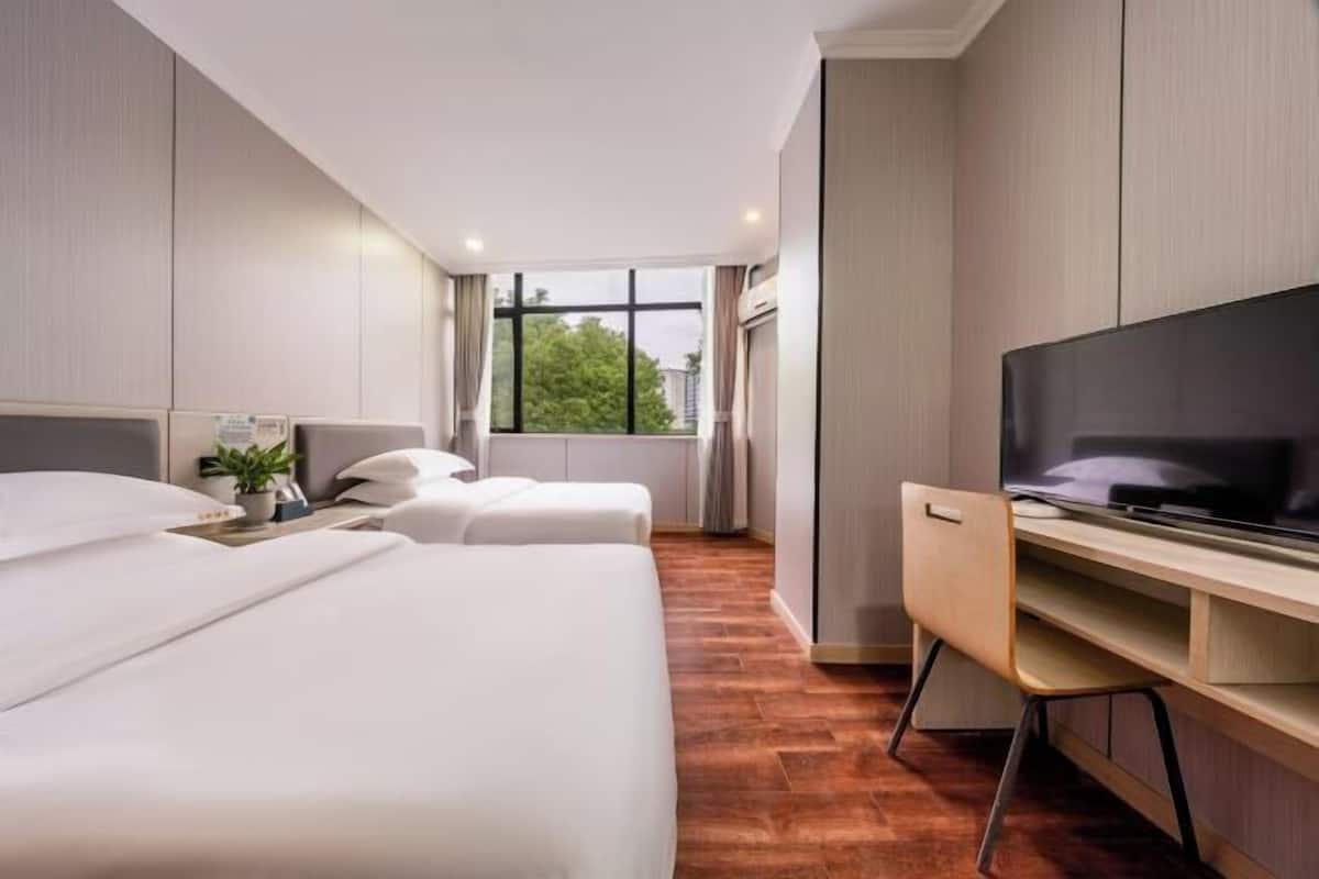 Une chambre d’hôtel avec deux lits, une télévision, un bureau et une fenêtre donnant sur des arbres.