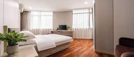 A hotel room with a bed, a desk, a TV, and a potted plant.