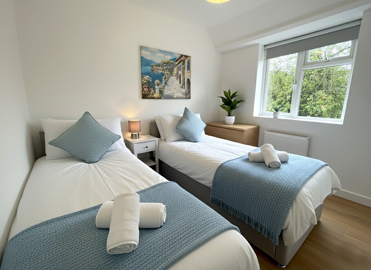 A hotel room with two beds, a nightstand, a potted plant, and a window with a view of greenery.