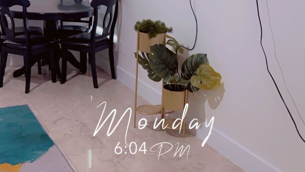 A room with a dining table and chairs, a flat-screen TV mounted on the wall, and a potted plant.