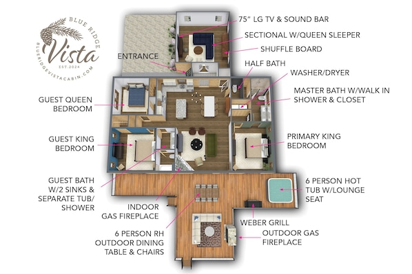 A floor plan of a Blue Ridge Vista cabin with a sectional w/queen sleeper, 75" LG TV & sound bar, master bath w/walk in shower & closet, primary king bedroom, guest queen bedroom, guest king bedroom, guest bath w/2 sinks & separate tub/shower, 6 person hot tub w/lounge seat, indoor gas fireplace, Weber grill, outdoor gas fireplace, and 6 person RH outdoor dining table & chairs.