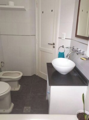 Shower, bidet, towels, toilet paper
