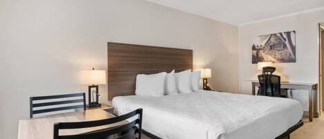 Una habitación de hotel con cama, escritorio y sillas.