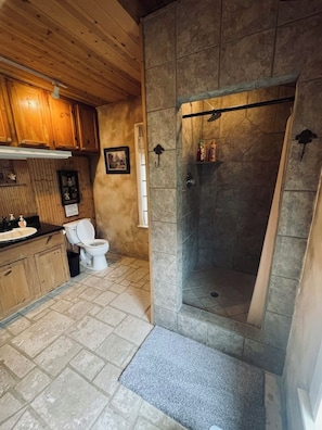 Hair dryer, towels, soap, toilet paper