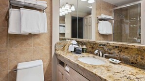 Une salle de bain avec un comptoir en marbre, un lavabo, des toilettes et un grand miroir avec éclairage.