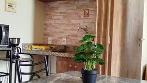 A kitchen with a granite countertop, wooden cabinets, a potted plant, and a dining area with a table and chairs.