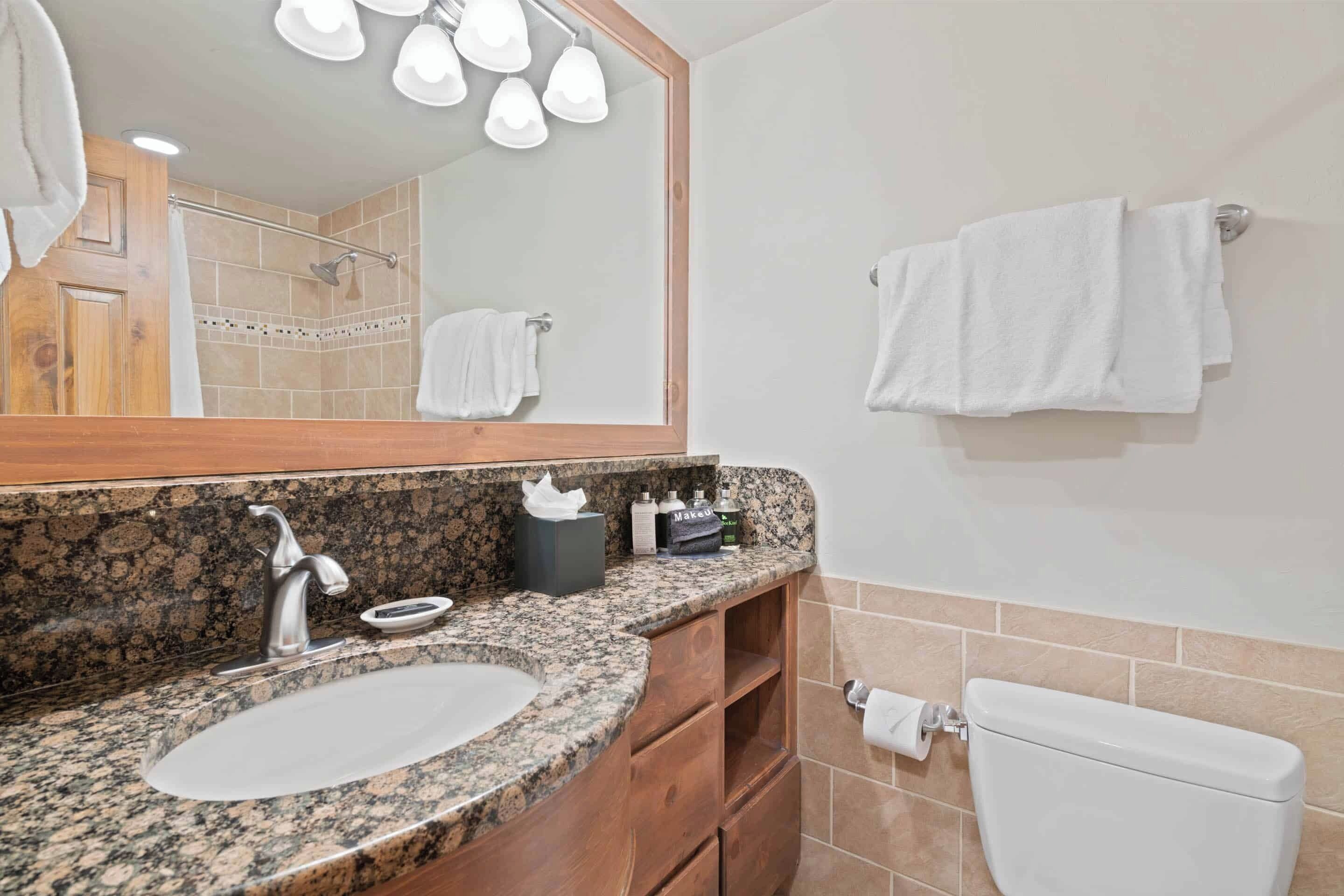 A bathroom with a granite countertop sink, a mirror, a towel rack, and a toilet.