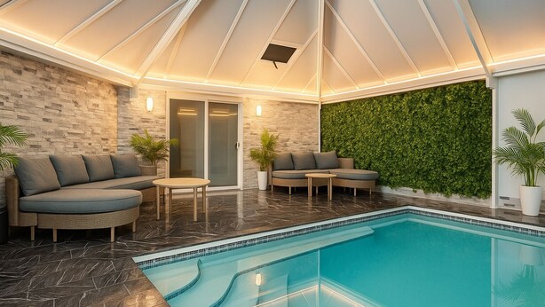 A modern indoor pool area with a glass ceiling, stone walls, and a green wall.