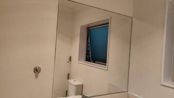 Un baño con inodoro, espejo y ventana.