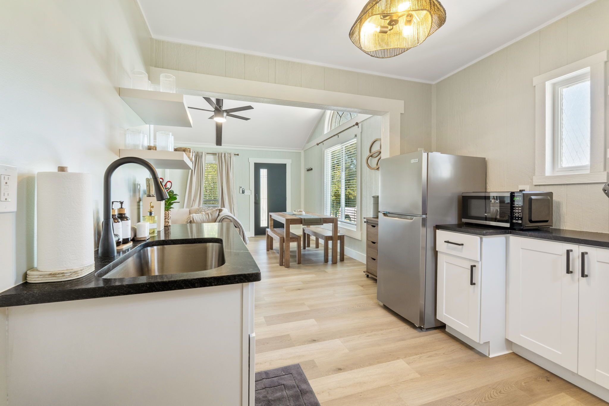 Fridge, microwave, coffee/tea maker, toaster