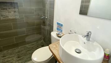 Une salle de bain avec douche, toilettes et lavabo.
