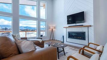 Smart TV, fireplace, books