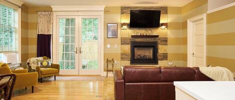 TV, fireplace, books