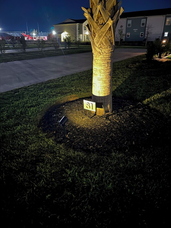A tree with a sign reading "81" in a landscaped area with a building in the background.