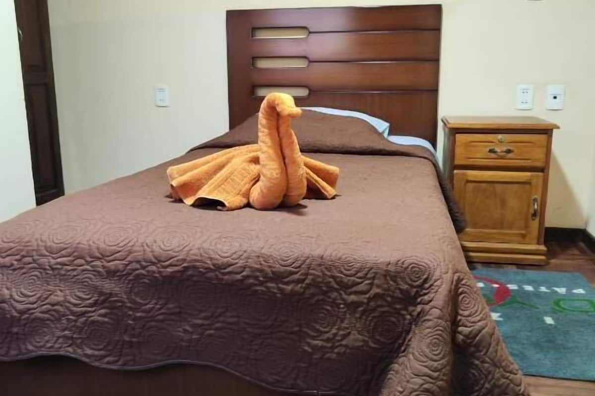 Una cama bien hecha con un cabecero marrón y una almohada decorativa. Hay una mesita de noche de madera junto a la cama.