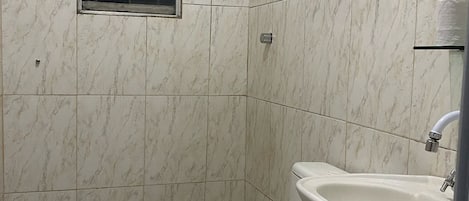 Hair dryer, towels, soap, toilet paper