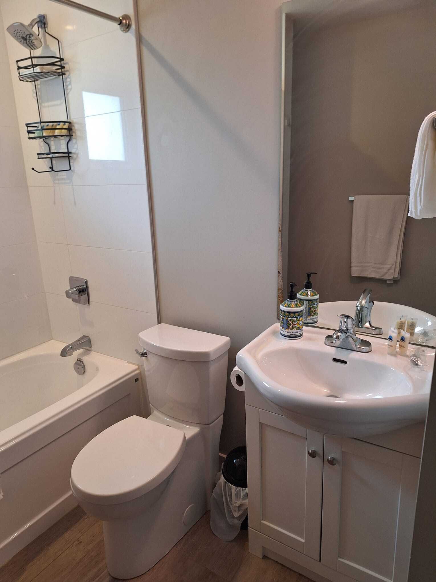 A bathroom with a white toilet, a bathtub, a sink with toiletries, and a towel hanging on the wall.
