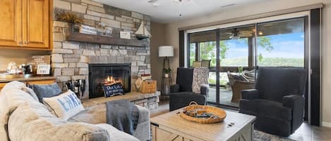 Smart TV, fireplace, books
