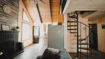 Smart TV, fireplace, books