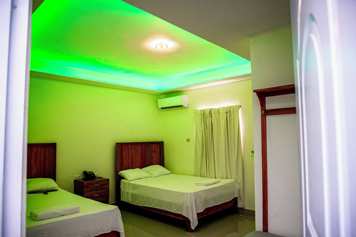 Une chambre d’hôtel avec deux lits, une tête de lit en bois, une table de chevet avec un téléphone et un appareil de climatisation fixé au mur.