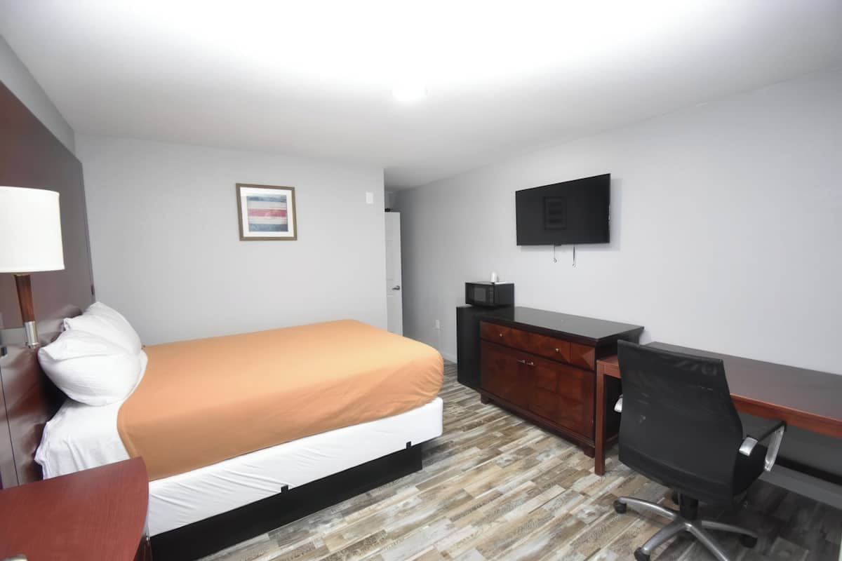 A hotel room with a bed, a desk, a chair, a television, and a framed picture on the wall.