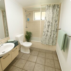 Shower, towels, soap, toilet paper