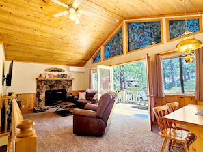 Smart TV, fireplace, video games, DVD player