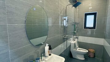 Shower, hair dryer, bidet, towels