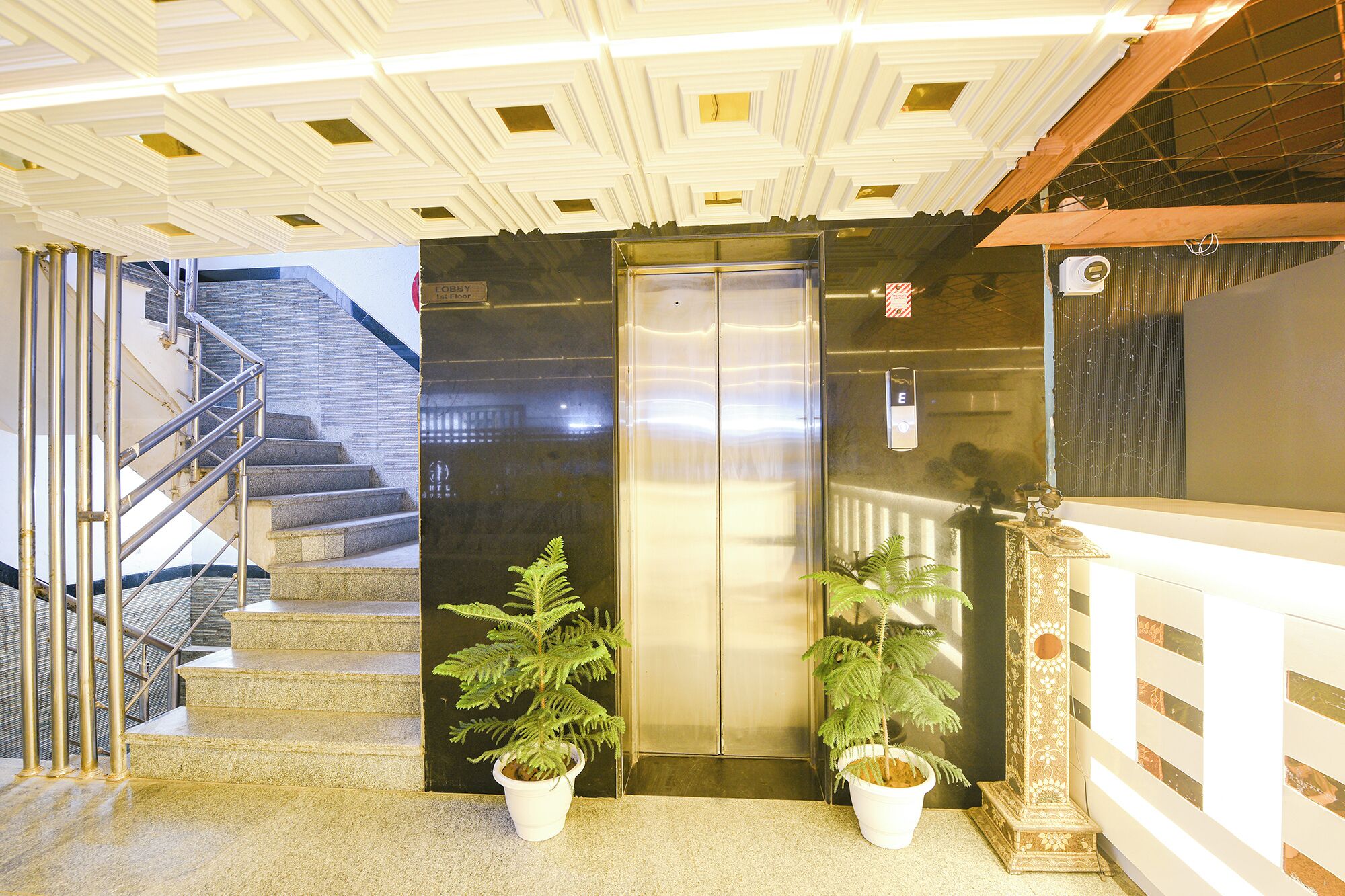 Een lift met een metalen afwerking, een trap met metalen leuningen en twee potplanten.