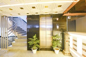An elevator with a metallic finish, a staircase with metal railings, and two potted plants. - FabHotel Dev Palace Naraina (New Delhi)