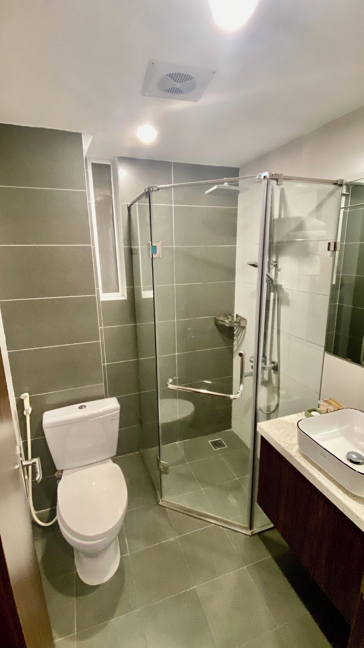 A modern bathroom with a glass-enclosed shower, a white toilet, and a vanity with a mirror.