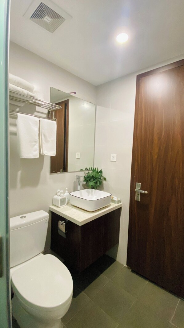 Un baño con inodoro, lavabo, espejo y puerta de madera.