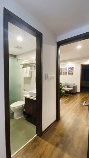 Deluxe-lejlighed - byudsigt | Badeværelse | Gratis toiletartikler, hårtørrer, håndklæder, Sæbe