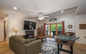 Smart TV, fireplace, video games, DVD player