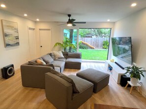 Smart TV, fireplace, books, computer monitors