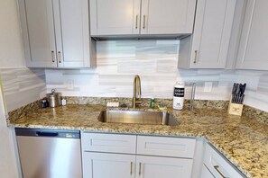 Fridge, microwave, dishwasher, coffee/tea maker