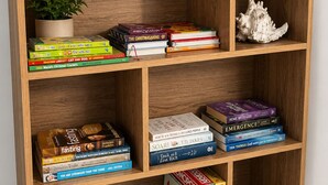 A bookshelf with various books and games, including a plant and a decorative shell. - Tropical retreat with pool, Mineral spa & games room! (Mudgeeraba)