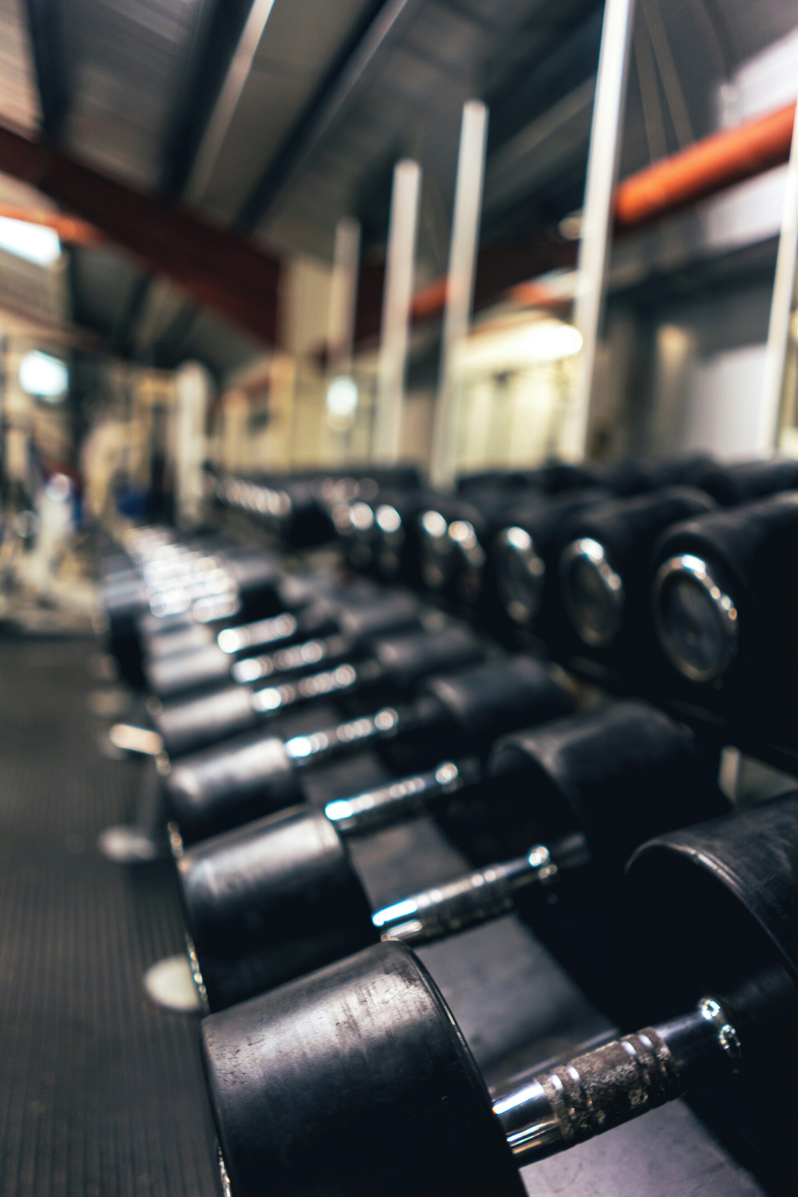A row of black dumbbells in a gym with a metal ceiling and visible structural beams.