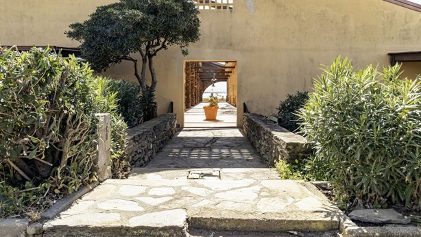 A stone pathway leading to a building with a sloped roof and a small window.