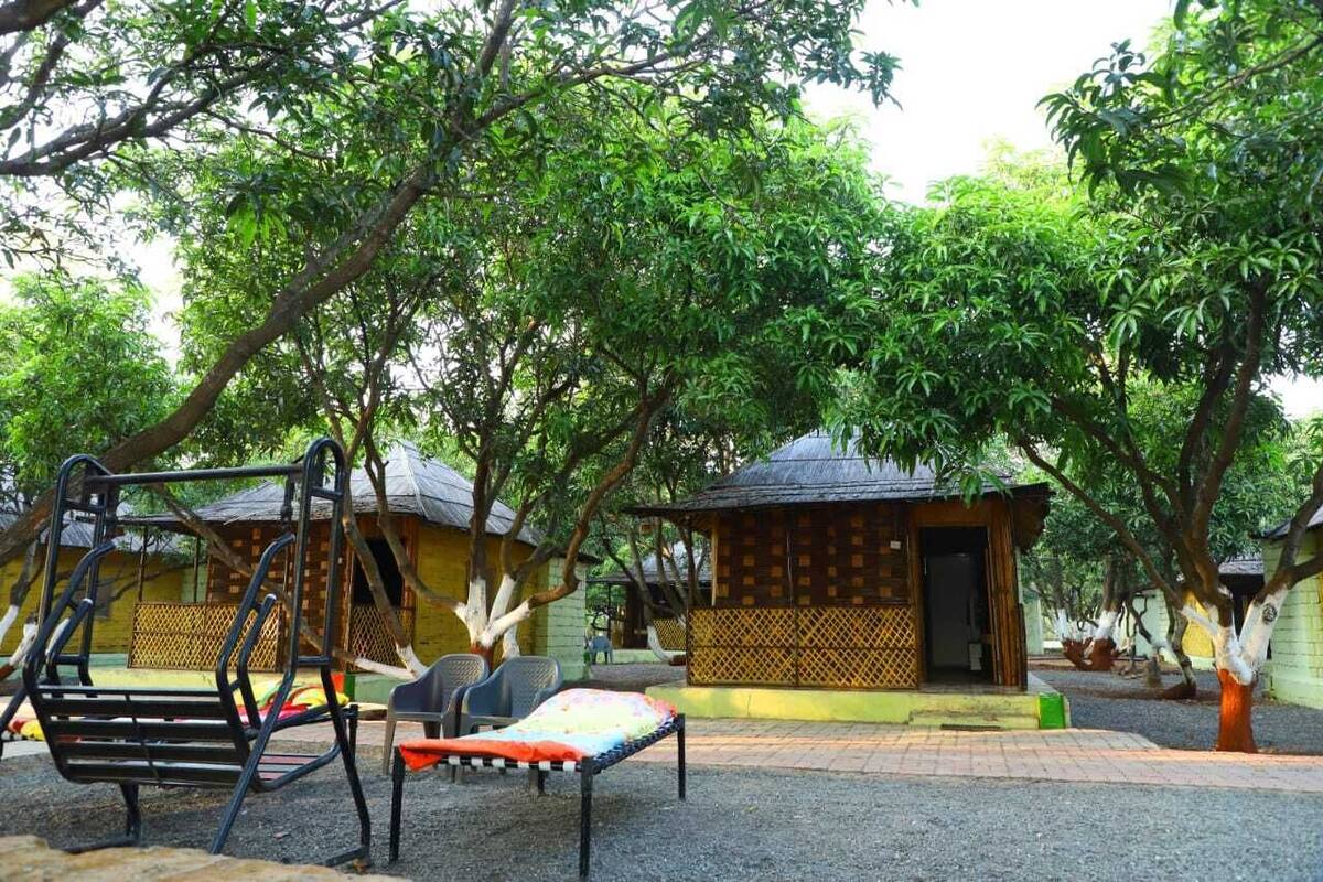 A serene outdoor seating area with a swing set, a small bench, and a covered structure, surrounded by lush greenery.