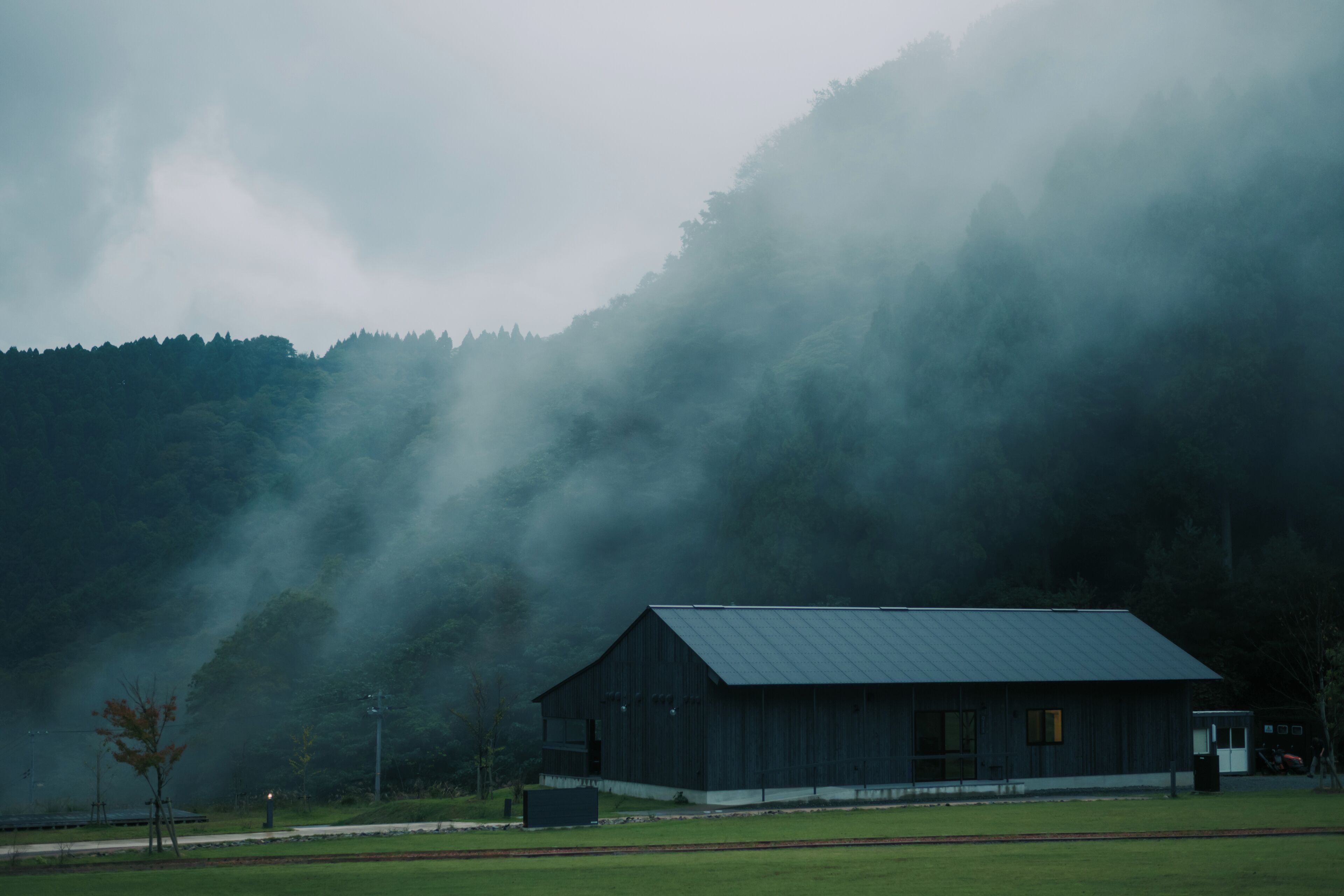 A rustic wooden building with a sloped roof, surrounded by a grassy area and dense forest.
