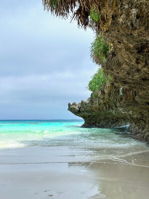 Een strand met helder turquoise water, een rotsachtige klif en een palmboom.