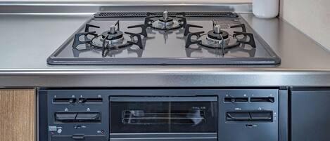 Una cocina con estufa a gas y horno.