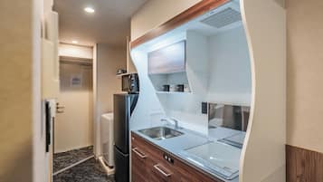 Kühlschrank, Mikrowelle, Herdplatte, Kochgeschirr/Geschirr/Besteck