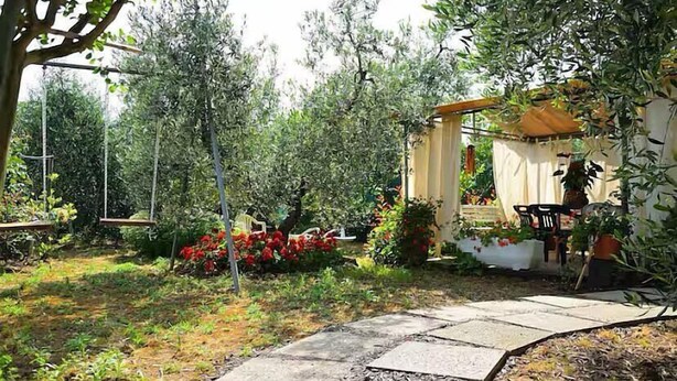 Un jardin agrémenté d’une pergola, d’une petite table et de plantes en pot.