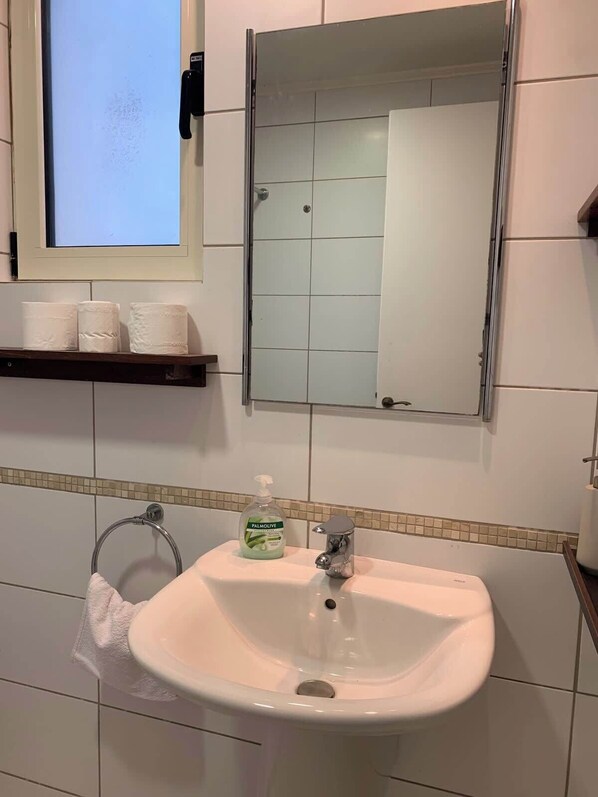 Ein Badezimmer mit einem weißen Waschbecken, einem Spiegel und einem Ablagefach mit Toilettenpapier.